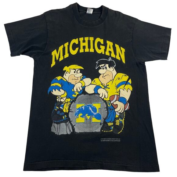Vintage Flinstones Michigan 90s Football Fred & Barney Black Faded Shirt Large - Picture 1 of 8